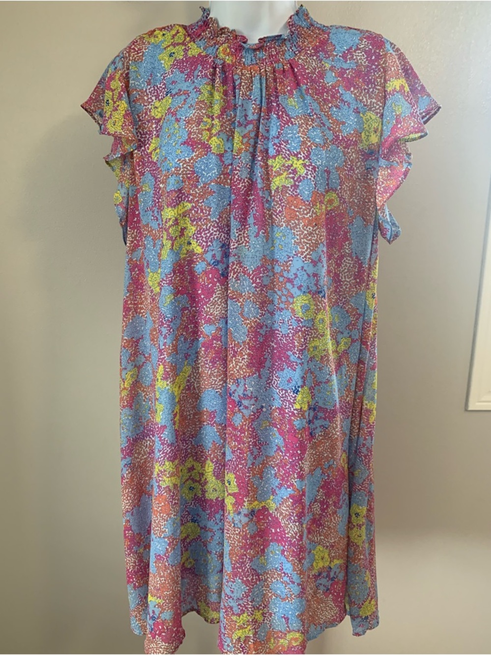 NWT Umgee Floral Flutter Sleeve  Dress - Pink, Blue & Yellow